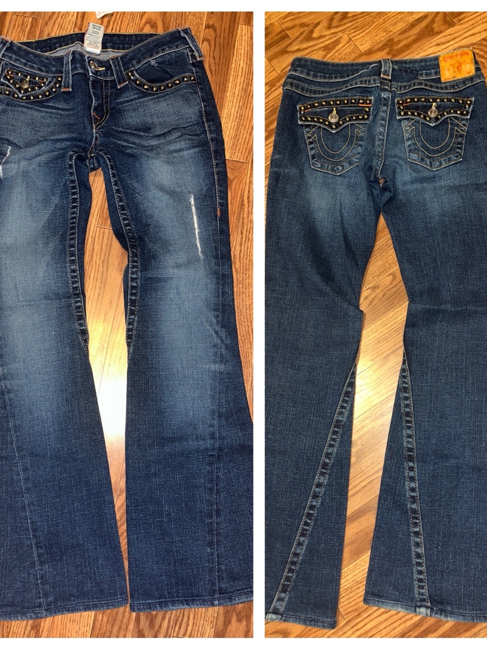 Sz 28 True Religion Joey Flare Jeans with Studded Pockets Low Rise Dark Rinse